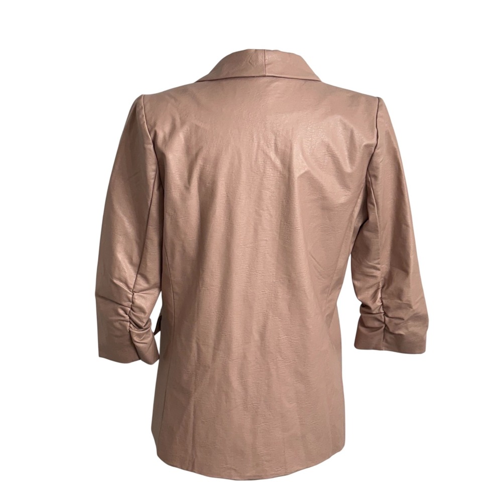 Women 3/4 Ruched Sleeves, Shawl Collar Lapel, Faux Leather Blazer - Picture 6 of 8